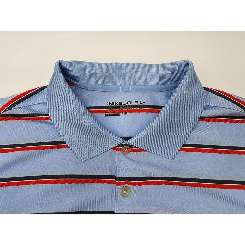 MENS VINTAGE NIKE DRI FIT PERFORMANCE GOLF XL‎ BUTTON UP POLO SHIRT BLUE STRIPED